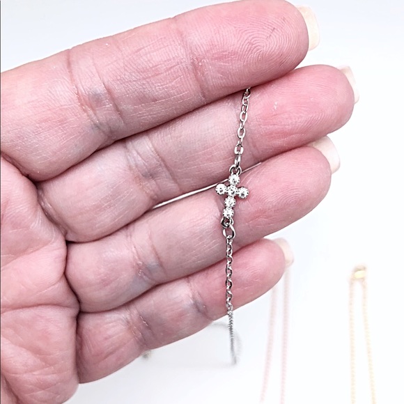 CZ Sideways Tiny Cross Necklace Yellow, Rose, White Gold Filled NWT, Gift Box - Picture 4 of 6